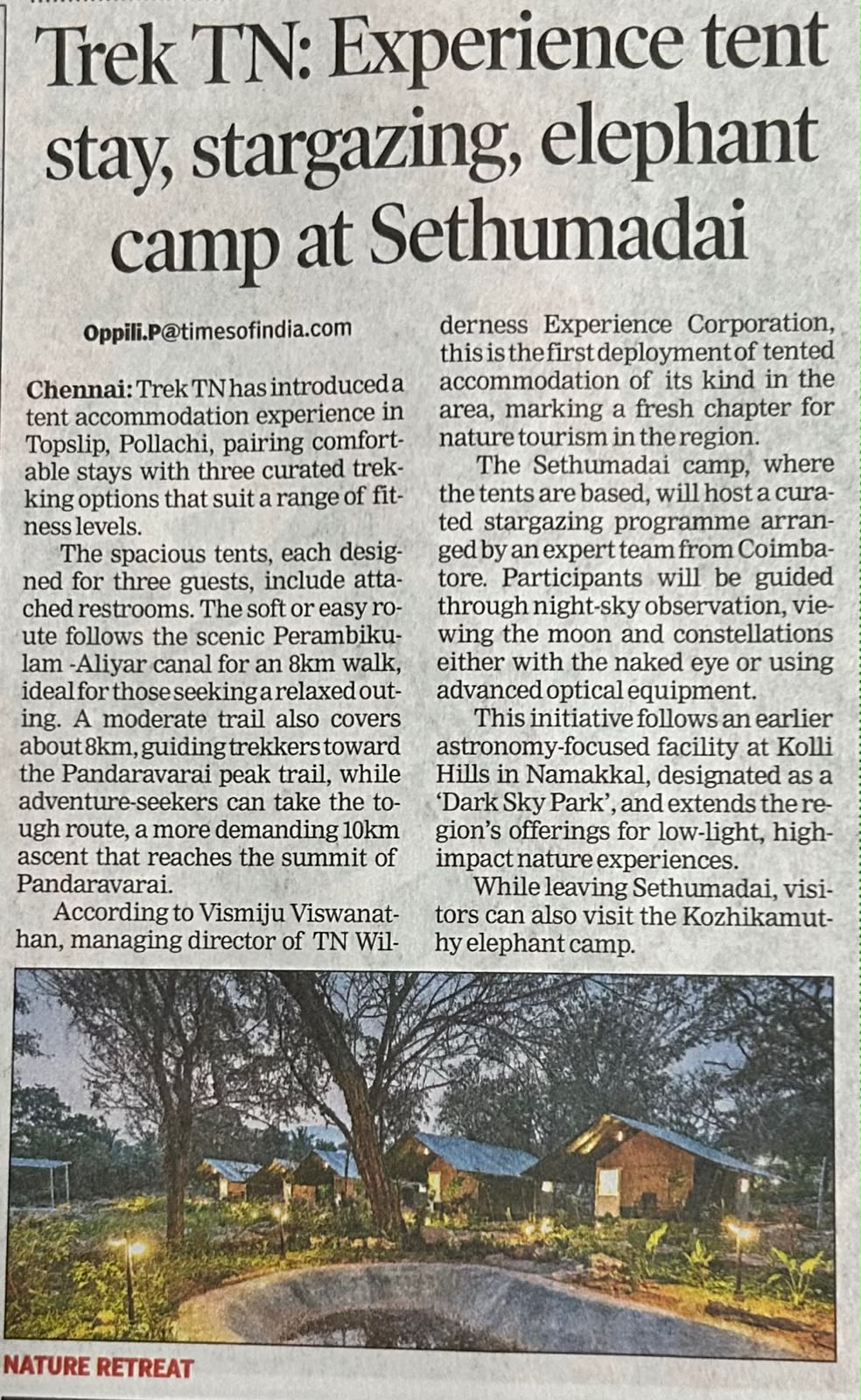An article on Camp Sethumadai published in TOI on 15.06.2026